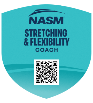 A turquoise shield with NASM Stretching and Flexibility Coach on the upper portion and a qr code to the bottom of the shield